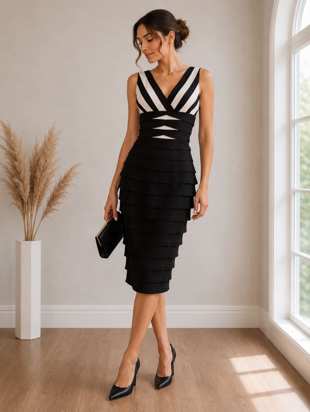 Adrianna Papell Striking Black and Cream Backless Dress